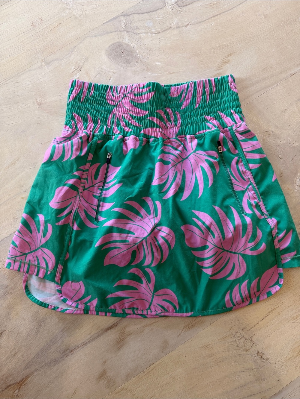 Green and Pink Tropical Print Smocked Waist Skirt